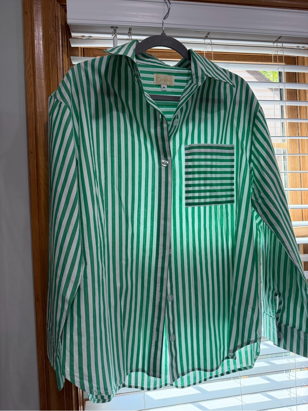 Green and White Striped Button-Down Blouse